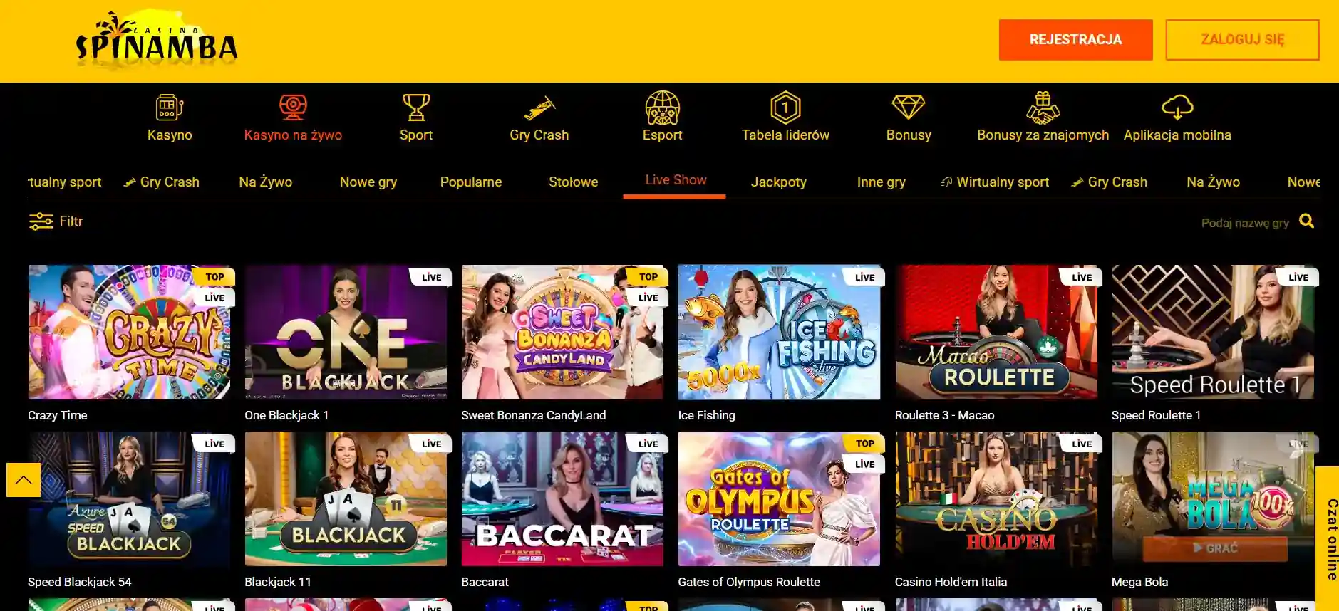 Aktualne lobby kasyna na żywo Spinamba