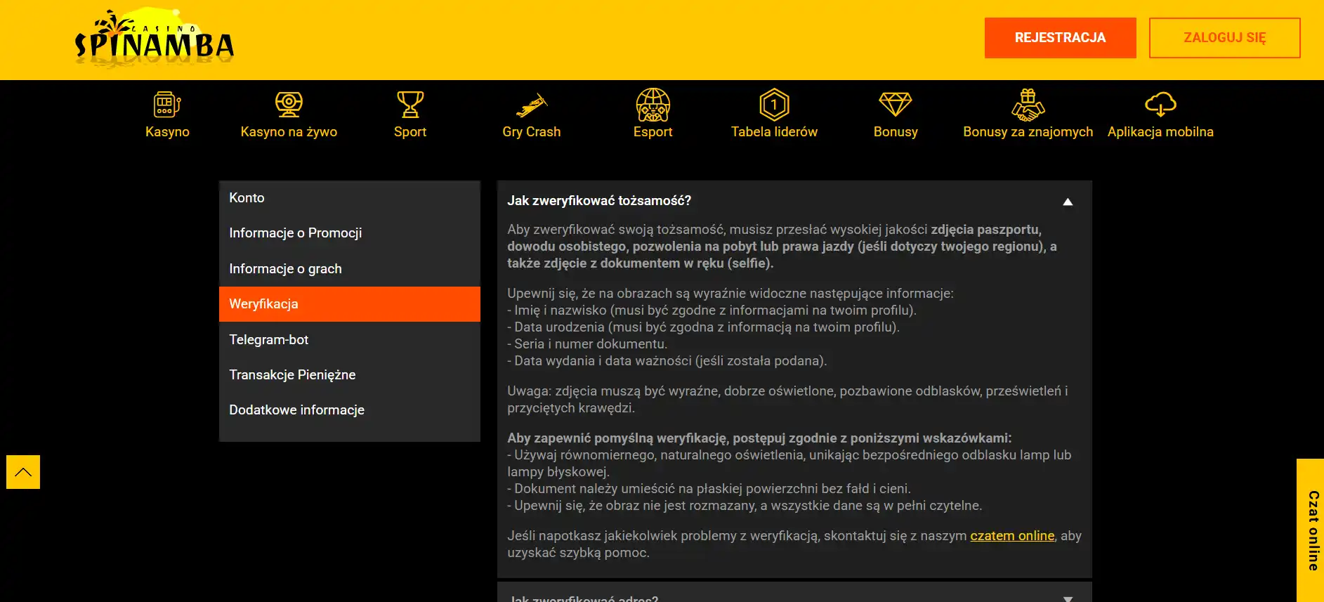 Ekran weryfikacji KYC Spinamba