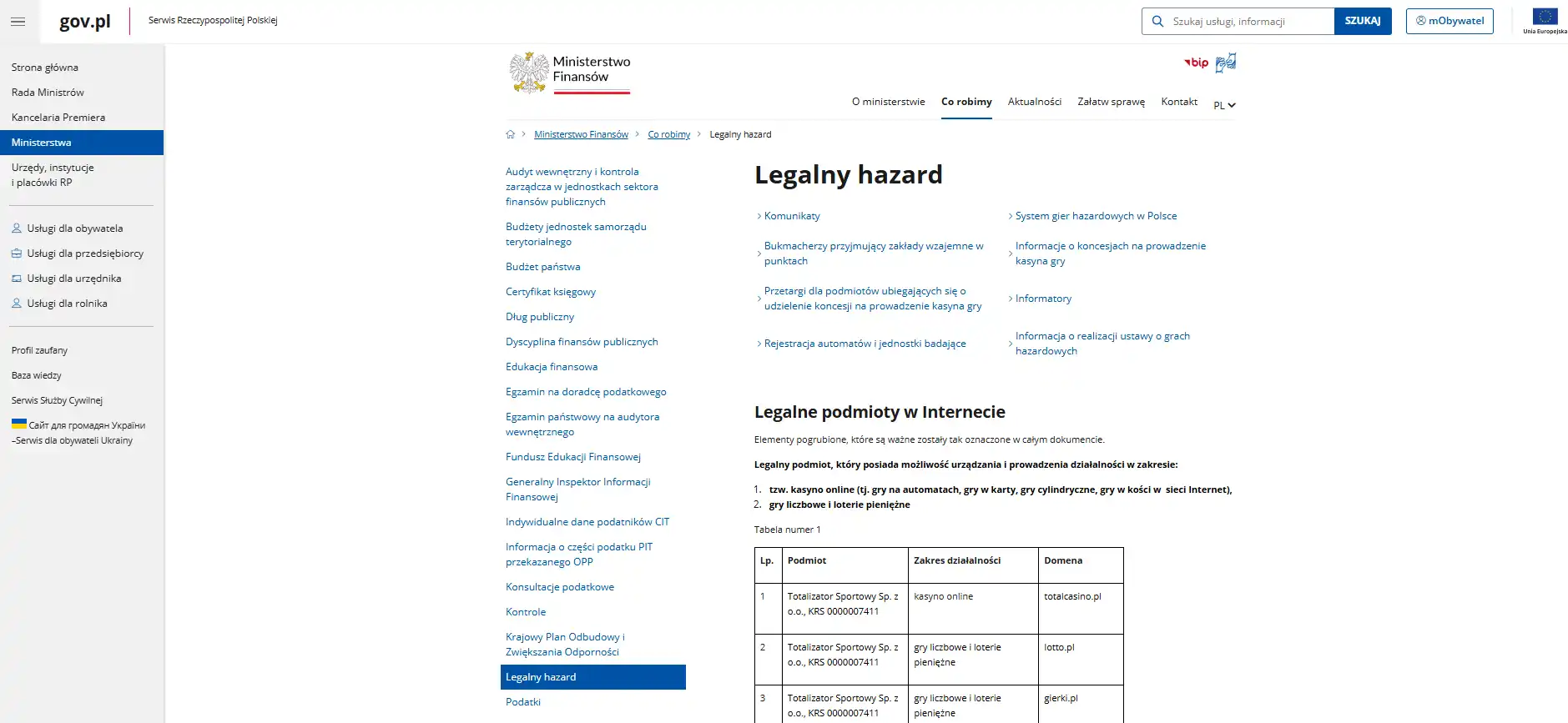 Widok oficjalnej strony Ministerstwa Finansów z informacją o legalnym kasynie online w Polsce